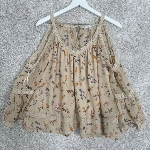 Rebecca Minkoff XS Floral Print Sheer Cold Shoulder Bell Sleeve Blouse Top - Picture 1 of 11